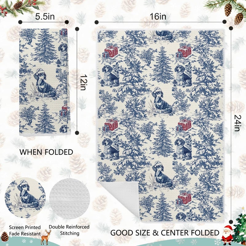 EKGJW Blue Dachshund Christmas Kitchen Towels,Vintage Dog Lover Gifts Dish Tea Towels for Kitchen,French Chinoiserie Holiday Decorative Hand Towel for Bathroom, 16x24 Inch - Image 2